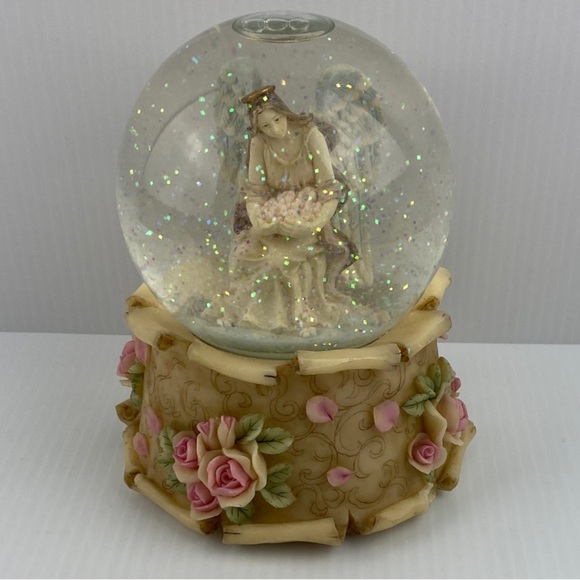 Vintage Musical Snow Globe Angel with Pink Roses - Picture 1 of 13